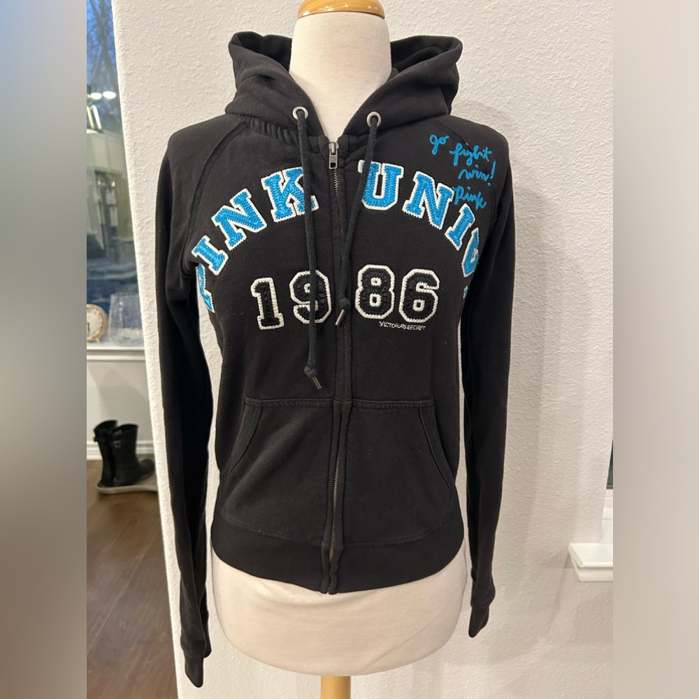Pink Victoria’s Secret ‘pink university 1986’ Black Hoodie Y2K Jacket large